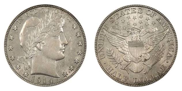 1914 Barber Half Dollar obverse and reverse showing the key-date Philadelphia issue