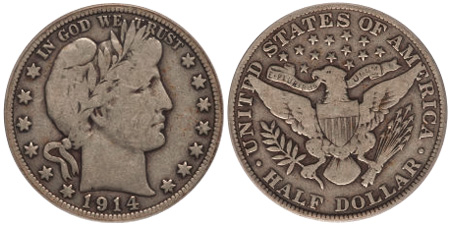 Comparison of 1914-P Barber Half Dollar (no mint mark) alongside a 1914-S, showing the reverse mint mark area