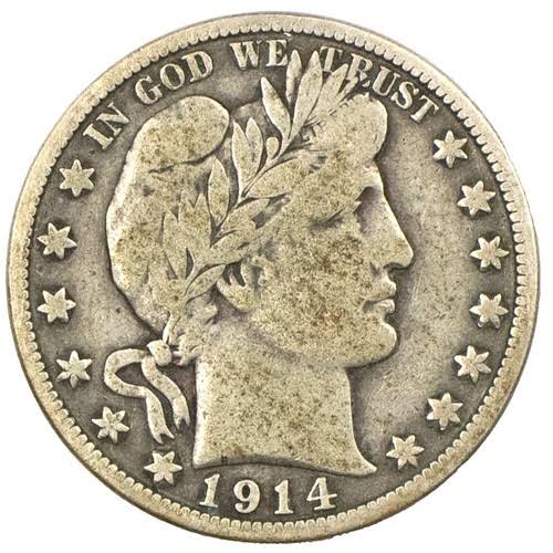 1914 Barber Half Dollar major die cud error showing raised unstruck metal blob at the rim from a broken die