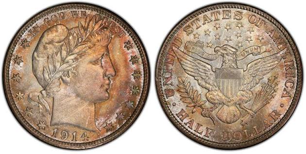 Barber Half Dollar grading strip showing four condition tiers from worn Good to Mint State uncirculated